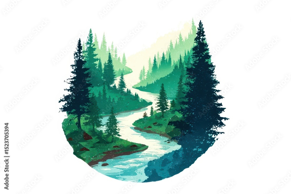 Poster A forest with a river running through it