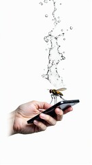 A vibrant fly perches on a handheld device, with water droplets creating a dynamic visual effect.
