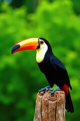 Obraz premium Colorful toucan perched on post, lush greenery behind
