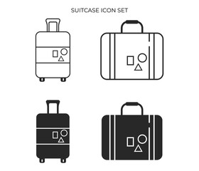 Set of four icons depicting luggage and suitcases in outline and solid styles, featuring a square, circle, and triangle design.