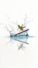 A vibrant green grasshopper playfully surfs on a phone amidst a splash of water reflecting below.