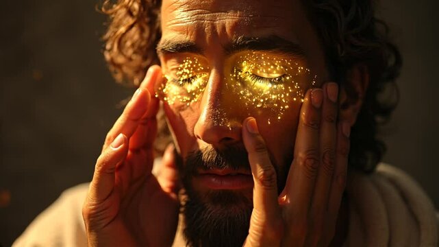 A miracle happens around a blind man's eyes as Jesus heals him