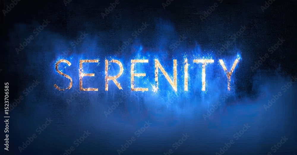Poster glowing text spells serenity against dark background. blue energy surrounds letters, creating dramat