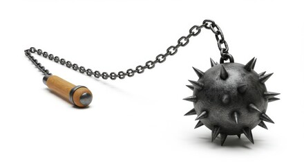 Medieval flail weapon with spikes isolated on white background
