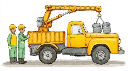 Two workers in green uniforms stand beside a yellow vintage crane truck lifting grey metal containers against a white background. Illustration style