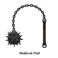 Medieval flail with spiked ball and chain isolated on white background