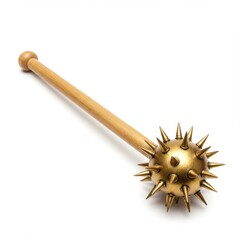 Golden spiked mace with wooden handle isolated on white background