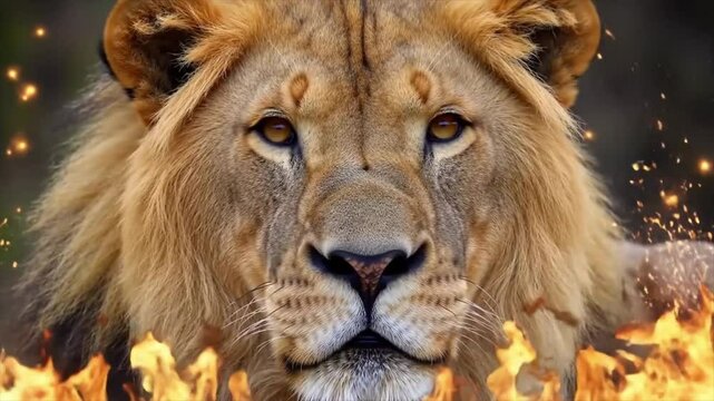 Lion in fiery background for powerful and dramatic designs, symbolizing strength, courage, and fierce determination in logos, branding, or posters.