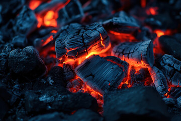 Glowing embers are burning bright, creating a hot fire with dark charcoal as the heat radiates from the hot coals into the surrounding space.