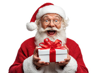 Christmas Santa holding a gift with ribbon, happy facial expression, isolated on a Transparent background, PNG file
