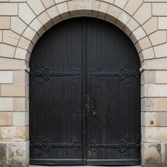 Arched wooden door with stone frame isolated on white background