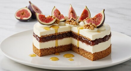Fig and cream cake for gourmet food blogs, bakery catalogs, catering flyers, menu graphics, party invitations, and festive event promotions