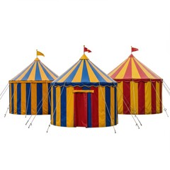 Three colorful circus tents with flags isolated on white background