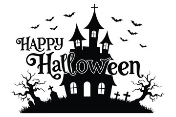 Happy Halloween, Witch or haunted house silhouette