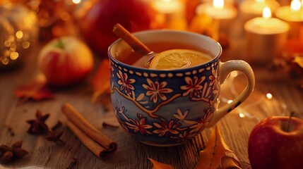 A cup of hot mulled cider with a cinnamon stick, on a festive autumn table.
