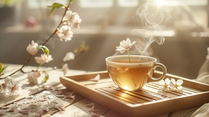 A cup of steaming green tea, with a blooming flower inside, on a wooden tea tray.