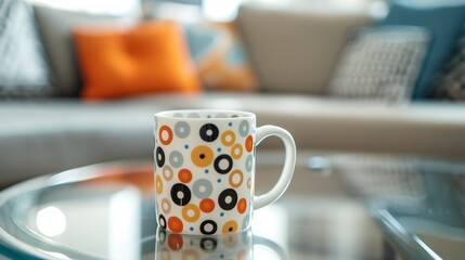 A cup with an abstract geometric pattern, on a glass coffee table.
