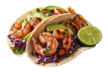  Shrimp tacos with lime slice, red cabbage, avocado, cilantro, grilled seafood with fresh ingredients in soft tortillas