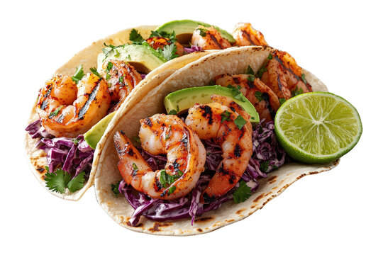 Shrimp tacos with lime slice, red cabbage, avocado, cilantro, grilled seafood with fresh ingredients in soft tortillas