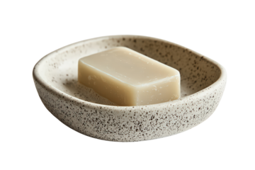 Rectangular bar of beige soap resting in ceramic dish, clean minimalist bathroom detail for hygiene, skin care, or natural living.
