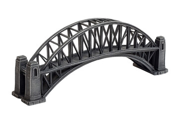 Obraz premium Metal bridge model with arched truss design, miniature structure representing strong urban engineering and architectural achievements. 