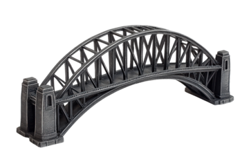 Metal bridge model with arched truss design, miniature structure representing strong urban engineering and architectural achievements.
