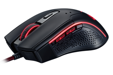 Black and red wired gaming mouse with textured grip and buttons, ergonomic design tailored for precision in computer gaming activities.
