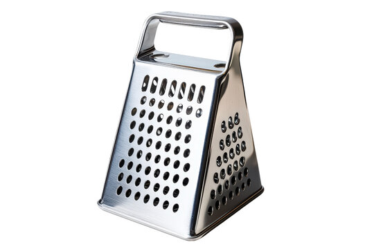 Shiny metal box grater with large holes, classic kitchen tool used for shredding cheese or vegetables during food preparation.
- Powered by Adobe