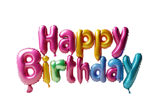 Happy birthday balloon letters in festive colors, cheerful message with floating celebration vibe, great for joyful events or party themes.
