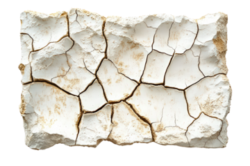 Dried cracked earth chunk isolated on white, symbol of drought, textured soil erosion from climate change impact