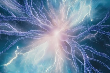 Central burst of data light with pastel blue and lavender neuron strands branching like tree roots through a transparent digital matrix, 
