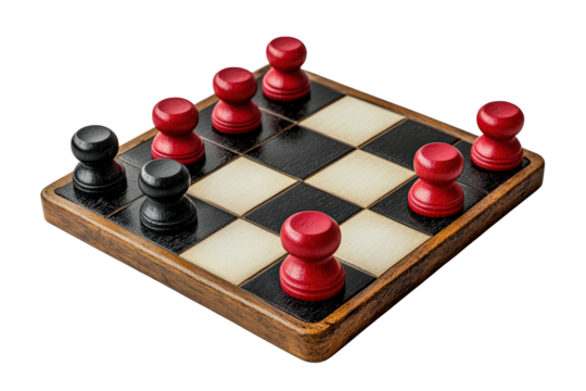 Checker pieces on wooden board game, red pieces dominate setup, intense tension rises in close competitive setup with vintage retro vibes.
