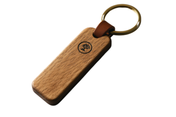  Wooden keychain with engraved logo on brass ring, smooth finish, eco-style accessory perfect for branding, gifts, or identity