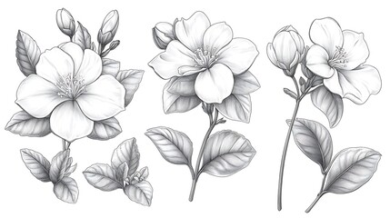 Detailed botanical illustration of jasmine flowers and buds in monochrome pencil drawing style decorative floral artwork
