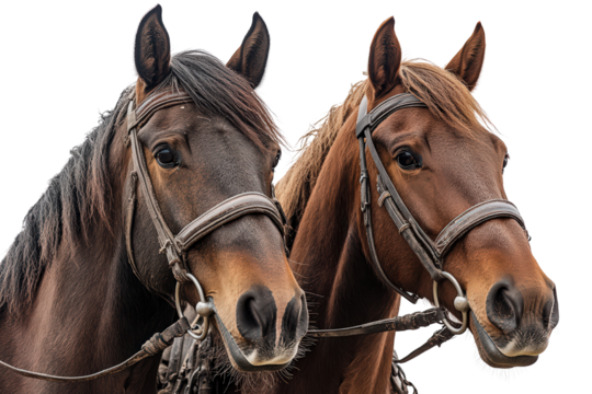 Two brown horses in bridles close together, expressive eyes and coats, captured with soft lighting, bond of animals in focus