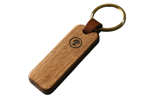  Wooden keychain with engraved logo on brass ring, smooth finish, eco-style accessory perfect for branding, gifts, or identity