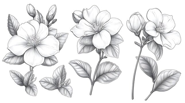 Detailed botanical illustration of jasmine flowers and buds in monochrome pencil drawing style decorative floral artwork