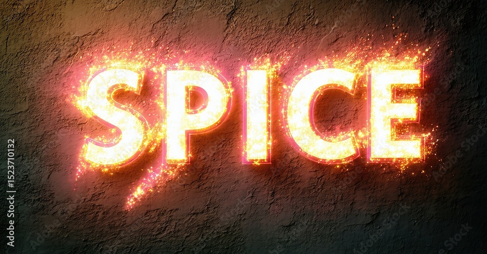 Poster bright word spice glows with fiery particles against dark textured background. dramatic lighting cre
