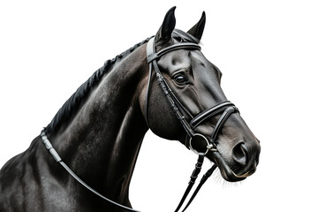 Fototapeta premium Black horse wearing bridle, glossy coat and calm posture, ideal for equestrian themes, strength, grace, or sport animal visuals.