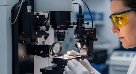 Fototapeta premium Scientist examining diamond under microscope in lab with yellow safety glasses