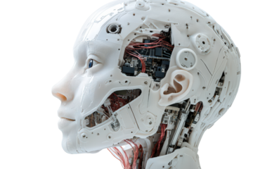  Robotic head with exposed mechanisms and wiring, humanoid android design symbolizing artificial intelligence, robotics, tech evolution, future science.