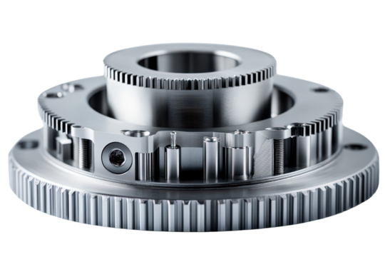  Precision metal gear assembly with teeth and circular form, shiny engineering component used in mechanics, machinery, or industrial systems.