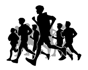 Silhouette of crowd of young people running, morning jogging, side view, isolated icon on white background.