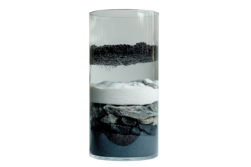  Layered soil composition in glass cylinder, cross-section of earth materials for geology, environmental studies, educational science visuals.