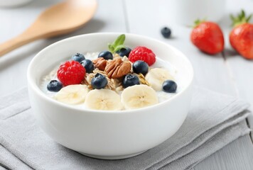 Oat porridge with banana blueberry walnut chia seeds and almond milk for healthy breakfast or lunch