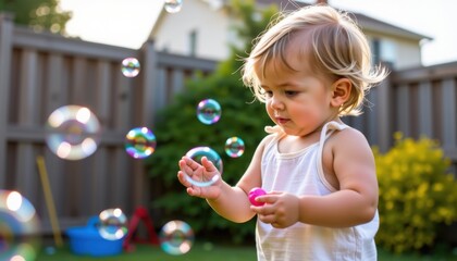 A young child plays with bubbles in a sunlit backyard, surrounded by greenery and a wooden fence.