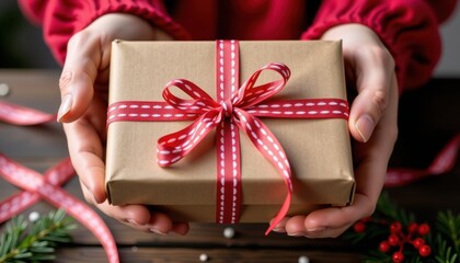 A person presents a neatly wrapped gift box with a red ribbon, evoking a festive and heartfelt moment.
