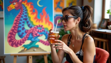 A stylish woman drinks iced tea in an art studio, seated in front of a colorful dragon painting.