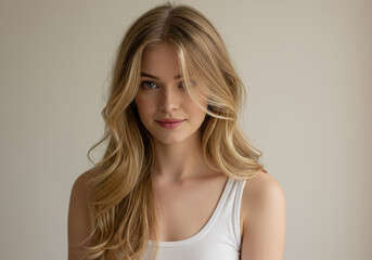 Fototapeta premium A beautiful young woman with long, flowing blonde hair and striking blue eyes looks confidently at the camera.