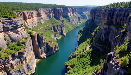 A winding river flows between towering cliffs covered in greenery, with dense forest visible atop the canyon.